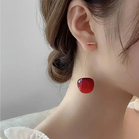 Red Cherry Drop Earrings - Picture 2 of 3